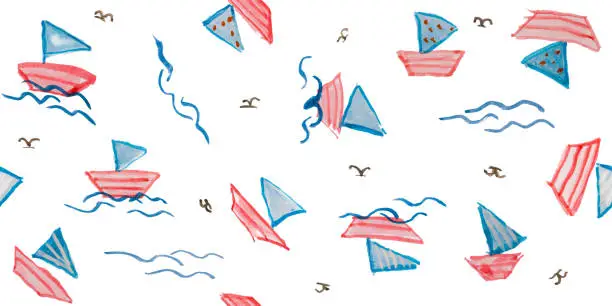 Vector illustration of Boats, Water Waves and Gulls Marine Seamless Pattern