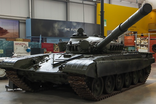 bovington, United Kingdom – August 22, 2022: The T-72M1 Main Battle Tank at Bovington Tank Museum in Dorset, England is a powerful example of Soviet military technology, featuring advanced armor