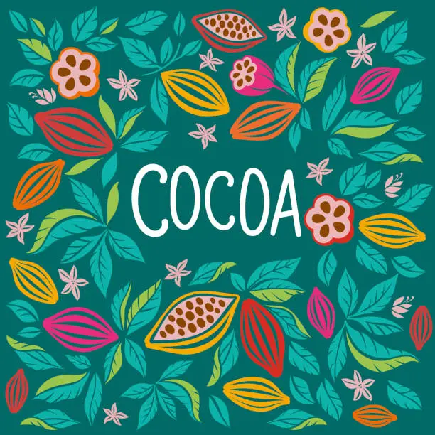 Vector illustration of Cocoa beans with leaves. Drawn cocoa beans, tropical fruits, foliage. Organic desserts, aromatic drinks, natural chocolate. Vector graphic background.
