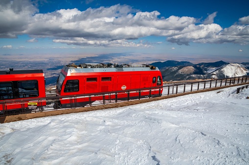 Colorado Springs, CO, USA - Dec 5, 2022: The Broadmoor Manitou and Pikes Peak Cog Railway
