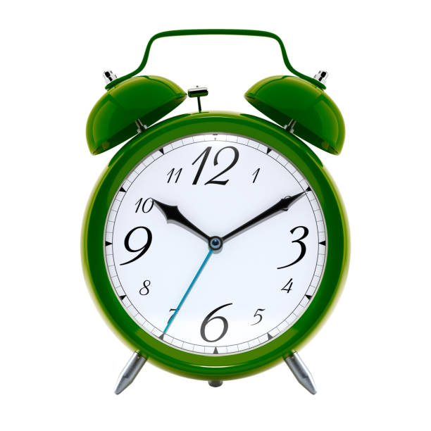 istock Alarm clock, vintage style green color clock with black hands. 1469945675