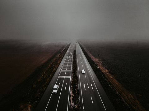 fog landscape with road in forest at morning