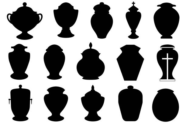 Set of different funeral cremation urns Set of different funeral cremation urns isolated on white burned corpse stock illustrations