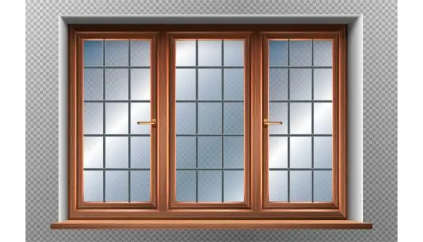 Vector illustration of realistic vector icon illustration of wooden framed window. Isolated.