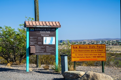 Elephant Butte, NM, USA - May 1, 2022: A welcoming signboard at the entry point of the park