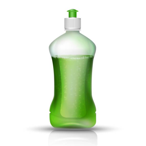 illustrazioni stock, clip art, cartoni animati e icone di tendenza di bottiglia di liquido vettoriale realistica per lavastoviglie con tappo verde. illustrazione dell'icona isolata su sfondo bianco. - chemical bottle cap chores