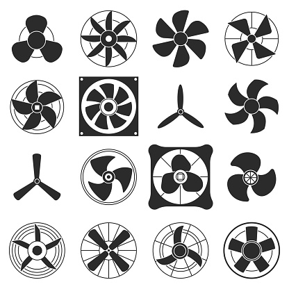 Black silhouette cooling fan icons. Blades cold fans, airplane propeller or computer ventilator. Air logo, technology turbine decent vector symbols of fan equipment silhouette blower illustration