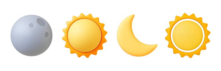 Various 3d sun and moon, crescent isolated icon. Realistic render of star and planet, full gray moon and yellow sunny. Celestial vector elements of sun and moon illustration