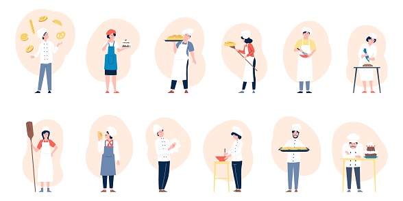 Baker character bake pastries in bakery. Bakers professional team, on culinary job cook bread, cakes and pastry. Bakeries workers vector set of baker and chef, woman and man cooking illustration