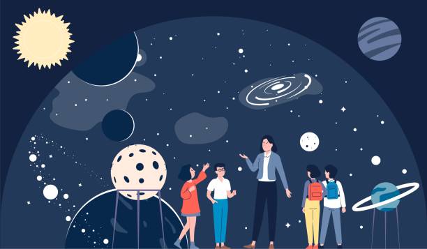 illustrazioni stock, clip art, cartoni animati e icone di tendenza di escursione al planetario, insegnante di lezione di astronomia nel museo di cosmonautica. scena vettoriale recente del gruppo di studenti dell'universo e dei pianeti - field trip illustrations