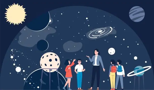 Vector illustration of Excursion to the planetarium, astronomy lesson teacher in cosmonautics museum. School kids group study universe and planets recent vector scene