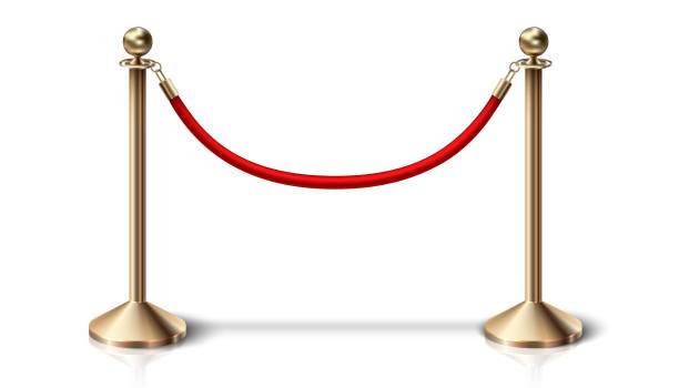 istock realistic vector red velvet barrier rope with golden details. Isolated on white background. 1469950075