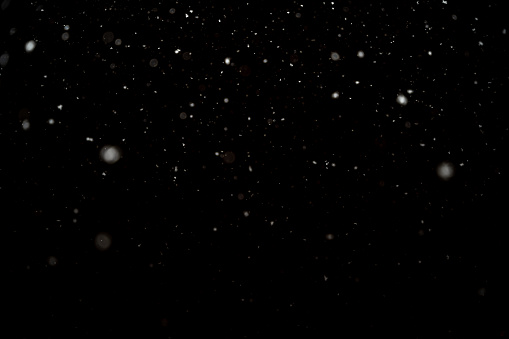 Snowfall isolated on black background. Abstract white bokeh background.
