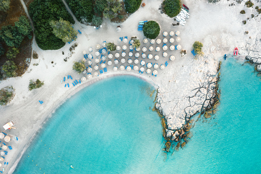 Aerial view on turquoise beach in Crete, Greece (Elafonissi Beach).