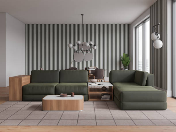 istock Grey living room interior with couch and eating table, panoramic window 1469950169