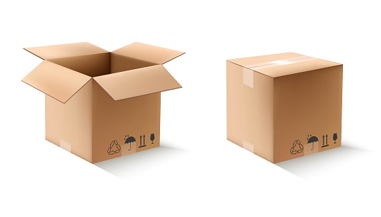 3d realistic vector carton square boxes in open and closed view. Isolated icon illustration on white background.