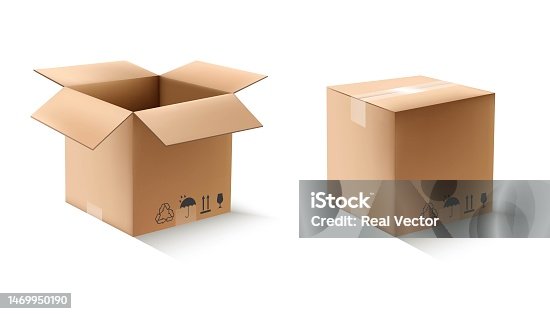 istock realistic vector carton square boxes in open and closed view. Isolated icon illustration on white background. 1469950190