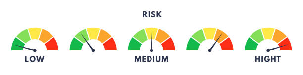 ilustrações, clipart, desenhos animados e ícones de gráfico de nível de risco ou controle de qualidade. medidor de escala com barra baixa, alta e média. ilustração isolada vetorial - rating bar graph finance business