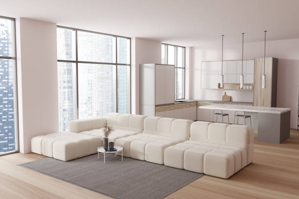 istock Top view of studio interior with relaxing and cooking zone, panoramic window 1469950307