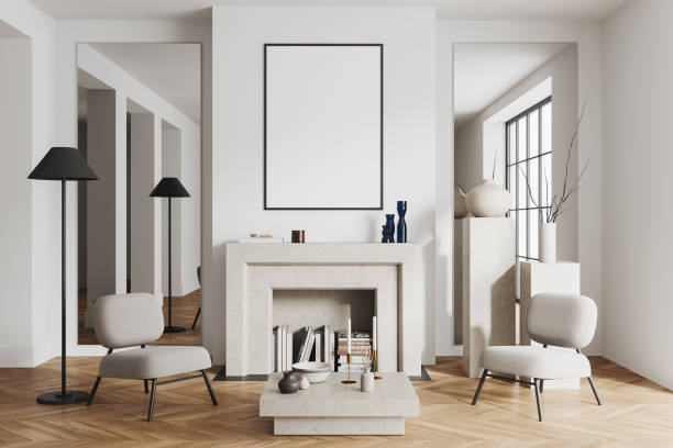 istock Light relax interior with chairs and fireplace with coffee table. Mockup frame 1469950311
