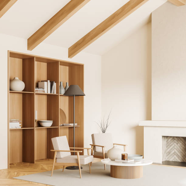 istock Light chill room interior with armchairs and fireplace, shelf with decoration 1469950705