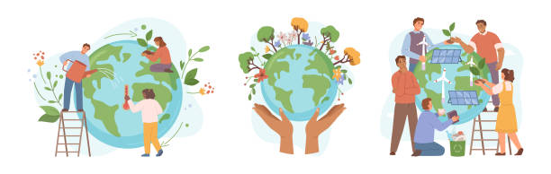 ilustrações de stock, clip art, desenhos animados e ícones de preserving and caring for earth nature and environmental health, biodiversity and greenery. using alternative energy and growing plants. vector in flat style - friendly match