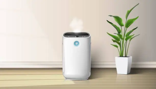Vector illustration of realistic vector air purifier in the interior on the wooden floor background illustration with house plant on the floor. Air cleaning and humidifying devise for the house.