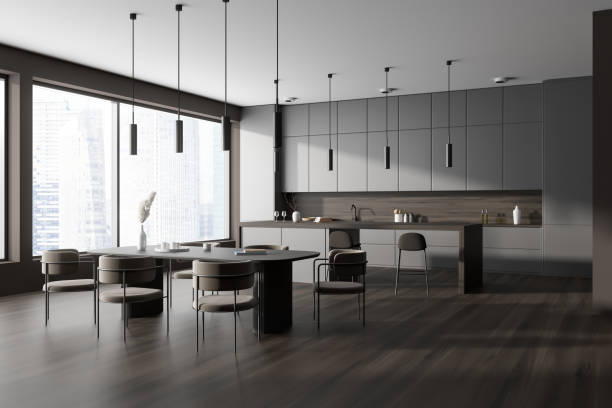 istock Grey kitchen interior with dining area and bar island with cooking zone, window 1469950855