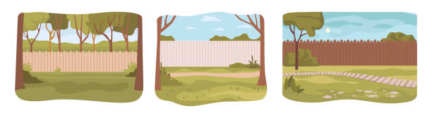 Garden or backyard with path and lawn, green grass and trees. Fence and property protection, home outside area for rest. Flat cartoon, vector illustration Garden or backyard with path and lawn, green grass and trees. Fence and property protection, home outside area for rest. Flat cartoon, vector illustration backyard background stock illustrations