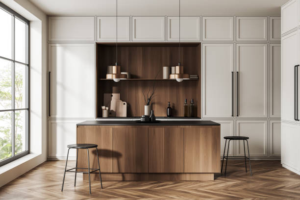 istock Stylish kitchen interior with bar countertop and shelves with panoramic window 1469950930