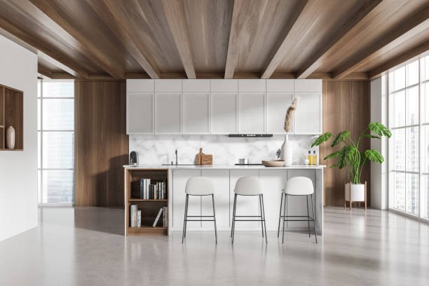 istock Modern kitchen interior with bar countertop and seats, panoramic window 1469951090