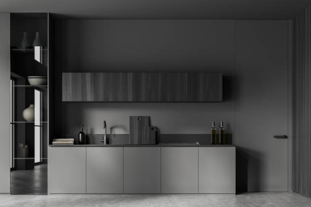 istock Grey kitchen interior with sink and stove, kitchenware and decoration 1469951382