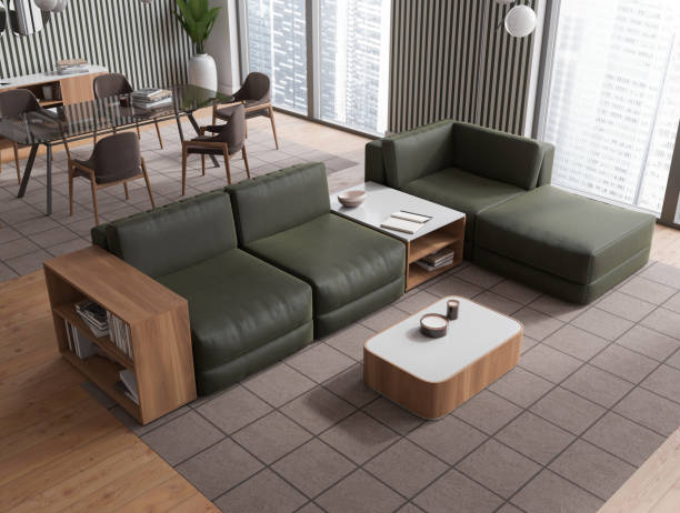 istock Top view of relax room interior with couch and eating corner, panoramic window 1469951434
