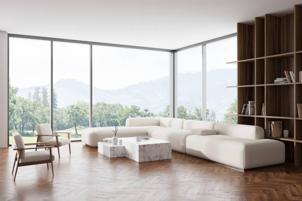 istock Light living room interior with couch and decoration, panoramic window 1469952051