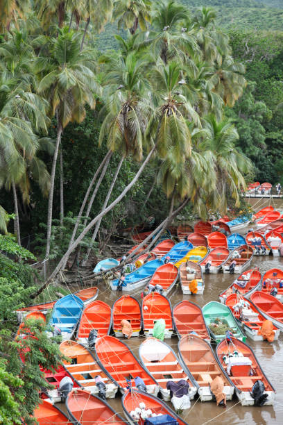 istock Multi coloured fishing boats and palm trees 1469952167