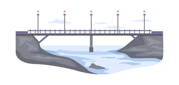 Vector illustration of Bridge between river banks or islands. Architectural construction with road for vehicles, connection between lands. Overpass across water. Vector in flat style