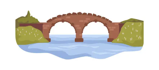 Vector illustration of Old brick bridge above river stream. Viaduct and aqueduct connecting lands or banks. Ancient architecture and city infrastructure. Vector in flat style