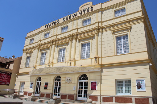 Image of the facade of the Theater Cervantes in Málaga taken in July 2022.