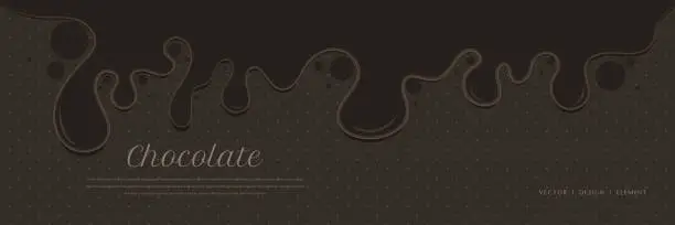 Vector illustration of Beautiful chocolate flow with splash and drops on dark background
