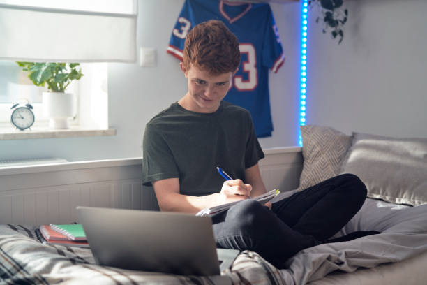 istock Caucasian teenager boy sitting on bed and learning using laptop 1469956717