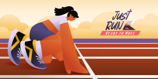 ilustraciones, imágenes clip art, dibujos animados e iconos de stock de corredora en el punto de partida, maratón de competición al aire libre, vector, ilustración - track and field athlete women vitality speed