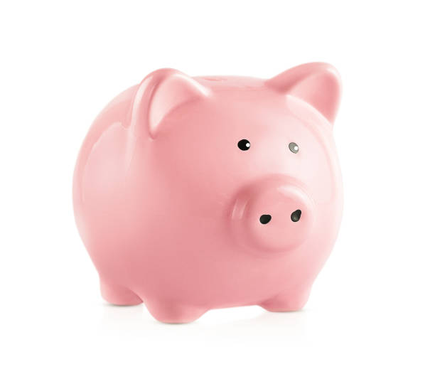 istock Pink piggy bank with eyes, highlighted on a white background with shadow and reflection 1469958325
