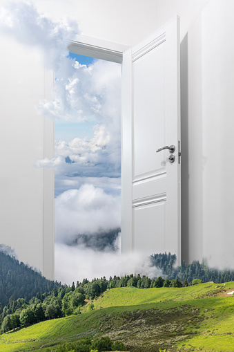 A white door opening to another world. The Door Between Worlds. The door to an eco-friendly world. The concept of conservation of natural resources