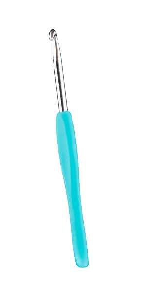 Crochet hook with blue handle isolated on white