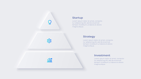 Neumorphic pyramid element for infographic. Skeuomorph concept with 3 options, parts, steps or processes.