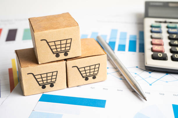 Shopping cart logo on box with magnifying glass on graph background. Banking Account, Investment Analytic research data economy, trading, Business import export transportation online company concept. logotipo del carrito de la compra en la caja con lupa en el fondo del gráfico. cuenta bancaria, economía de datos de investigación analítica de inversión, comercio, concepto de empresa de transporte de exportación de importaciones de negocios en lín