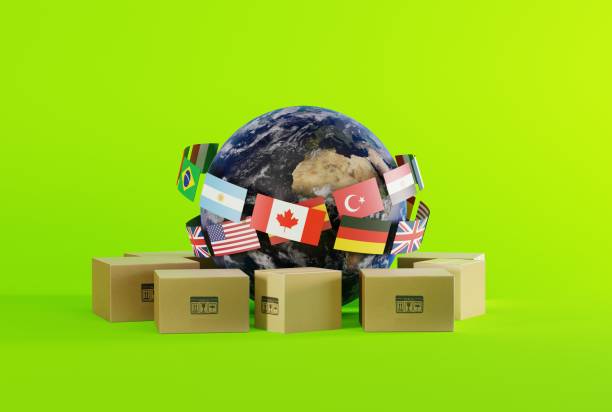 istock Planet Earth together with flags of different countries and courier parcels. 1469962040