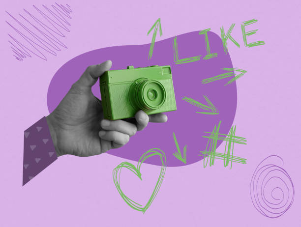 istock Creative art collage with hands holds camera. Modern social media content and popularity concept. 1469962093