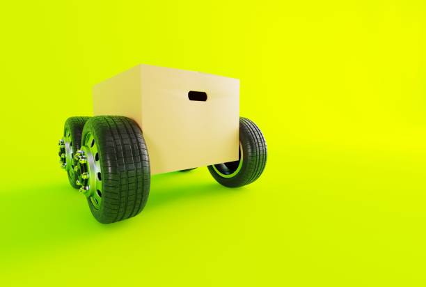 The concept of transport, the work of couriers and logistics companies. Couriers delivering parcels. 3D render, 3D illustration.