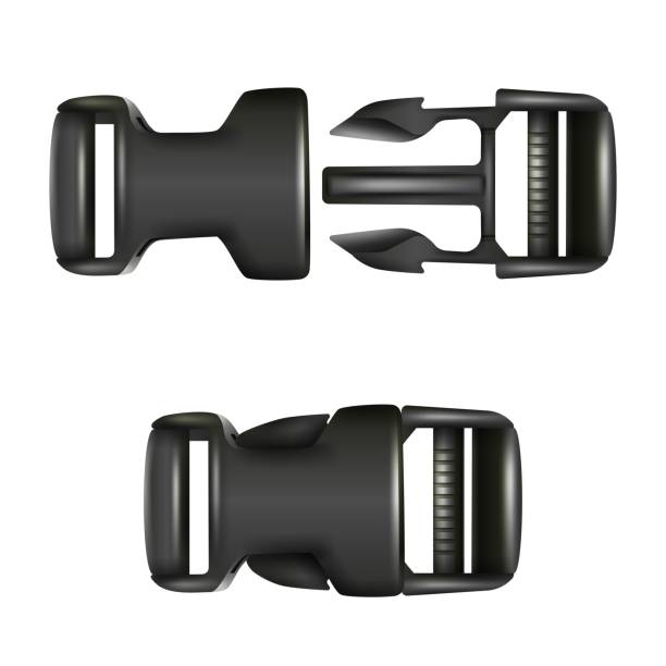 Vector realistic black dual quick release buckle, closed and opened. Isolated on white background. Vector 3d realistic black dual quick release buckle, closed and opened. Isolated on white background. luggage strap stock illustrations